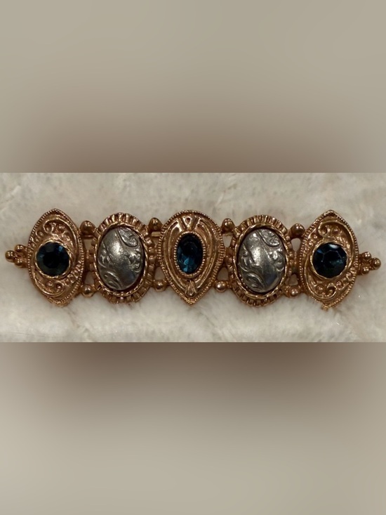 1928 Jewelry - 1928 Gold & Silver Tone w/Faceted Blue Green colored Rhinestones Bar Pin Brooch
